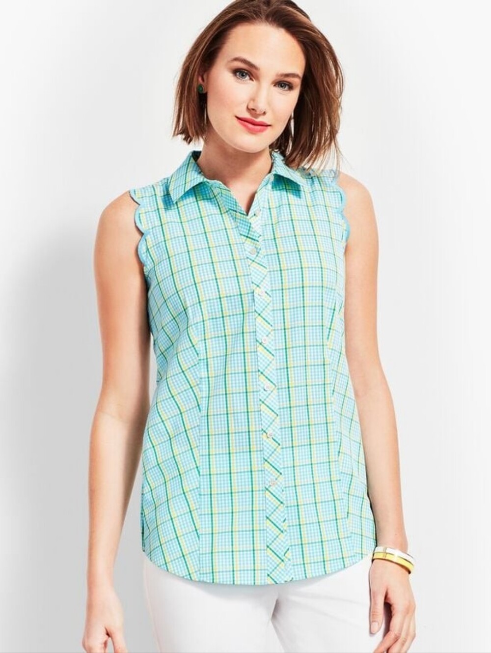 Talbots Scallop Shirt in Blue Island Check Iron Free Size 8